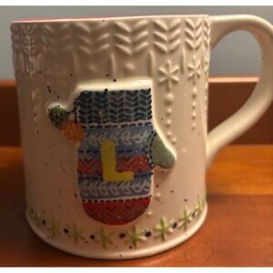 Anthropologie Letter L Mitten Mug Cream Red Speckled Holiday Christmas Gift